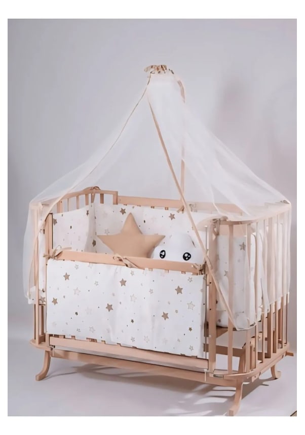 Beistellbett aus Holz inklusive Schlafset in Braun mit Sternen