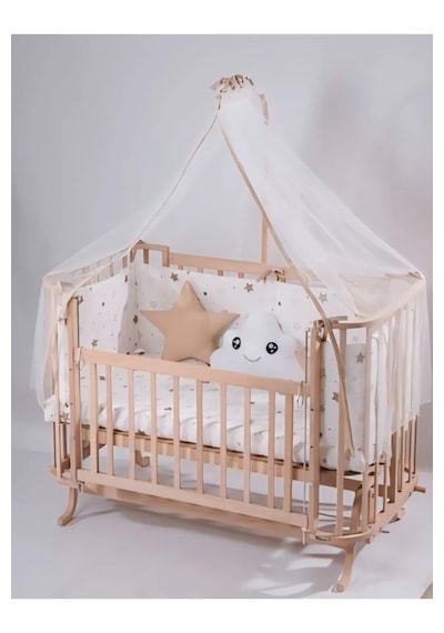 Beistellbett aus Holz inklusive Schlafset in Braun mit Sternen